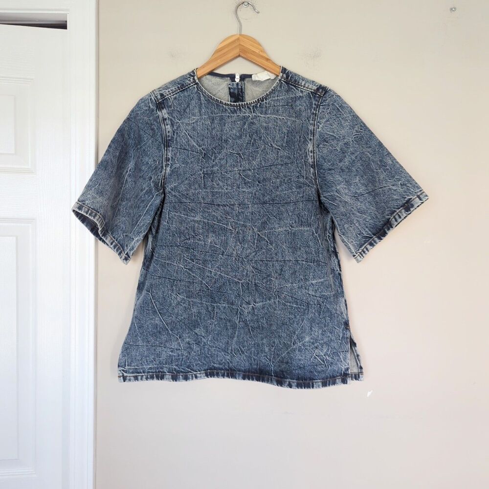 COS NWT Washed Crinkle Denim Short Sleeve T Shirt Relaxed A Line Size 34